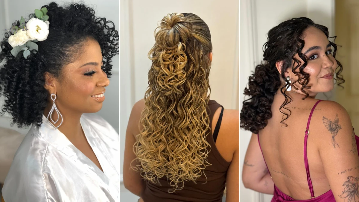 penteado cabelo cacheado semi preso solto