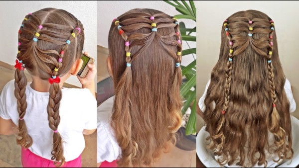 penteado infantil cabelo cacheado longo com ligas